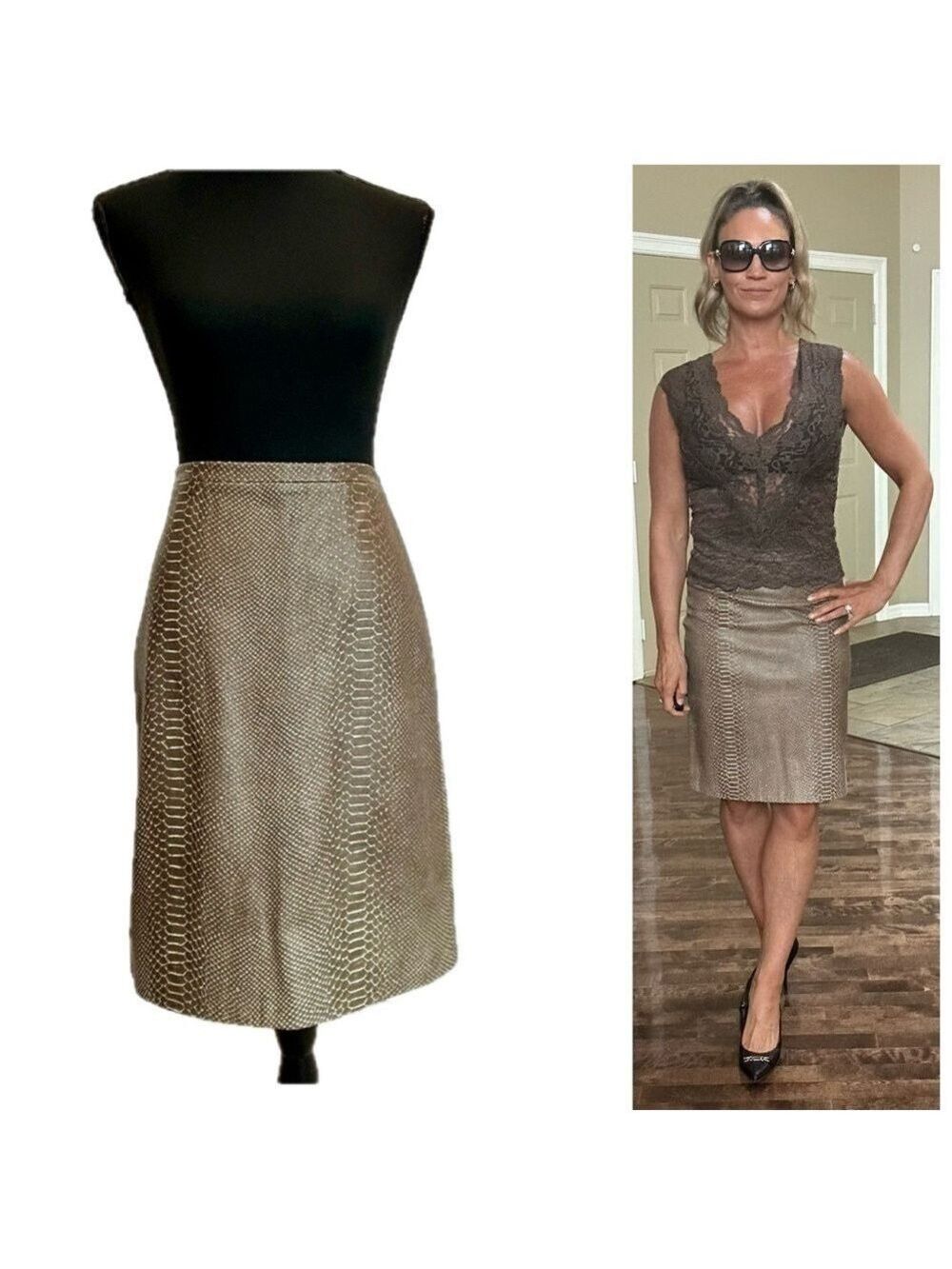 BCBGMaxazria taupe brown python snake print genuine leather pencil skirt Sz 4